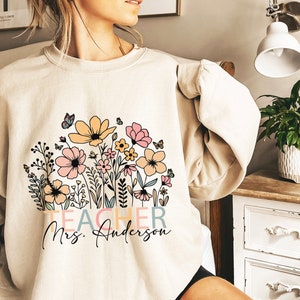 Custom Floral Teacher Sweatshirt, Retro Personalized Crewneck