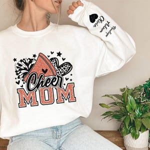 Personalized Faux Glitter Orange  Cheer Mom sweatshirt, Custom Team Sweatshirts, Custom Cheer Mom, Sweatshirt with Kids Name on Sleeve