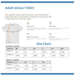 May include: White unisex t-shirt with size chart. The chart shows measurements in inches for adult and youth sizes, including width and length. The shirt features a ribbed knit collar and side seams.
