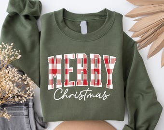 Buffalo Plaid Sweater, Merry Christmas Sweatshirt, Christmas Family crewneck, Xmas Gift Idea, Woman Xmas Shirt, Cute Winter Holiday Sweater