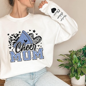 Personalized Faux Glitter Blue Cheer Mom sweatshirt, Custom Team Sweatshirts, Custom Cheer Mom, Sweatshirt with Kids Name on Sleeve
