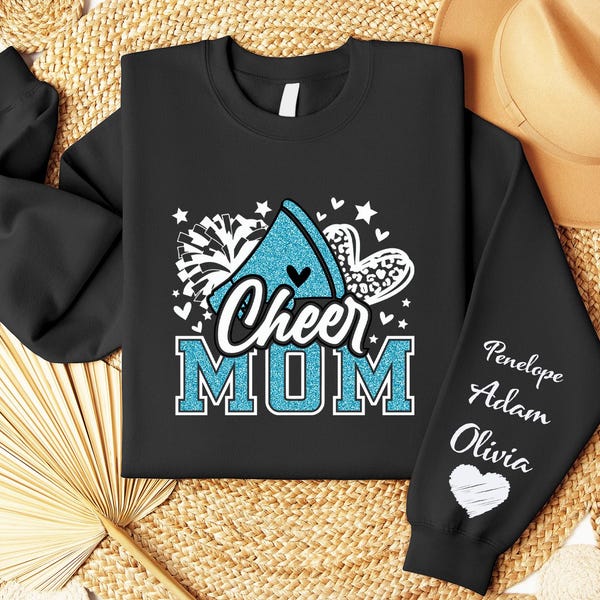 Custom Cheer Mom Sweatshirt, Faux Teal Glitter Design