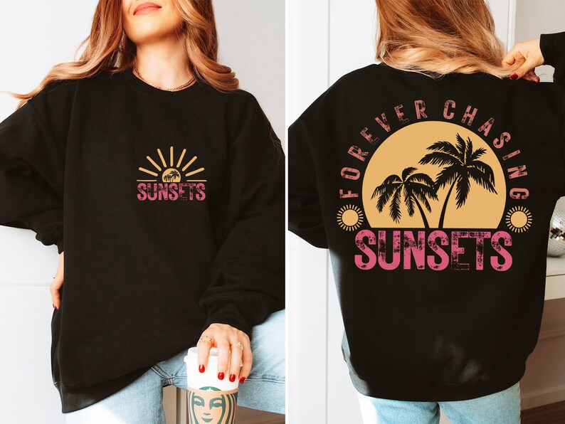 May include: Black sweatshirt with a graphic print of a sunset and palm trees. The front of the sweatshirt says "SUNSETS" and the back says "FOREVER CHASING SUNSETS".