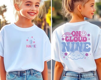 On Cloud Nine 9th Birthday Girl Shirt, Flower Design