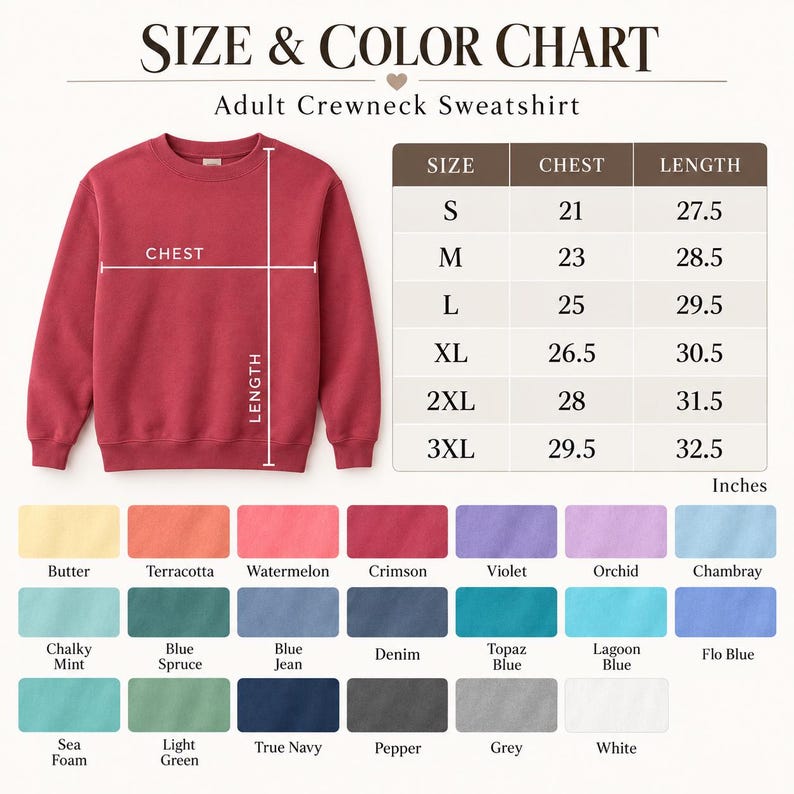 K&ouml;nnte beinhalten: Ein karmesinrotes Sweatshirt mit Rundhalsausschnitt, dargestellt mit einer Gr&ouml;&szlig;en- und Farbtabelle. Die Tabelle listet Brust- und L&auml;ngenma&szlig;e in Zoll f&uuml;r die Gr&ouml;&szlig;en S bis 3XL auf. Darunter zeigt ein Raster einundzwanzig Farbfelder mit Bezeichnungen wie Butter, Terracotta, Watermelon, Crimson, Violet, Orchid, Chambray, Chalky Mint, Blue Spruce, Blue Jean, Denim, Topaz Blue, Lagoon Blue, Flo Blue, Sea Foam, Light Green, True Navy, Pepper, Grey und White.