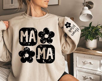 Custom Mama Sweatshirt, Kid Name Sleeve, Personalized Momma Hoodie