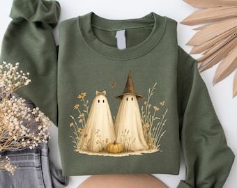 Halloween Unique Cute Ghost in Wildflowers  Sweatshirt, Spooky Fall Aesthetic Halloween Floral Tee Retro October Graphic Tee Cozy  Gift