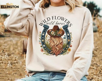 Wild Horses Flowers Sweatshirt, Western Cowgirl Shirt