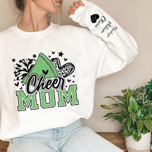 Personalized Faux Glitter Green  Cheer Mom sweatshirt, Custom Team Sweatshirts, Custom Cheer Mom, Sweatshirt with Kids Name on Sleeve