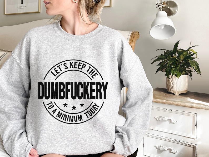May include: A gray sweatshirt with a black circle graphic that says "Let's Keep The Dumbfuckery To A Minimum Today".