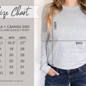 May include: Size chart for a Bella + Canvas 3501 unisex long sleeve t-shirt. The chart shows the width and length measurements in inches for sizes XS to 2XL.