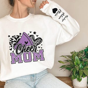 Personalized Faux Glitter Purple  Cheer Mom sweatshirt, Custom Team Sweatshirts, Custom Cheer Mom, Sweatshirt with Kids Name on Sleeve