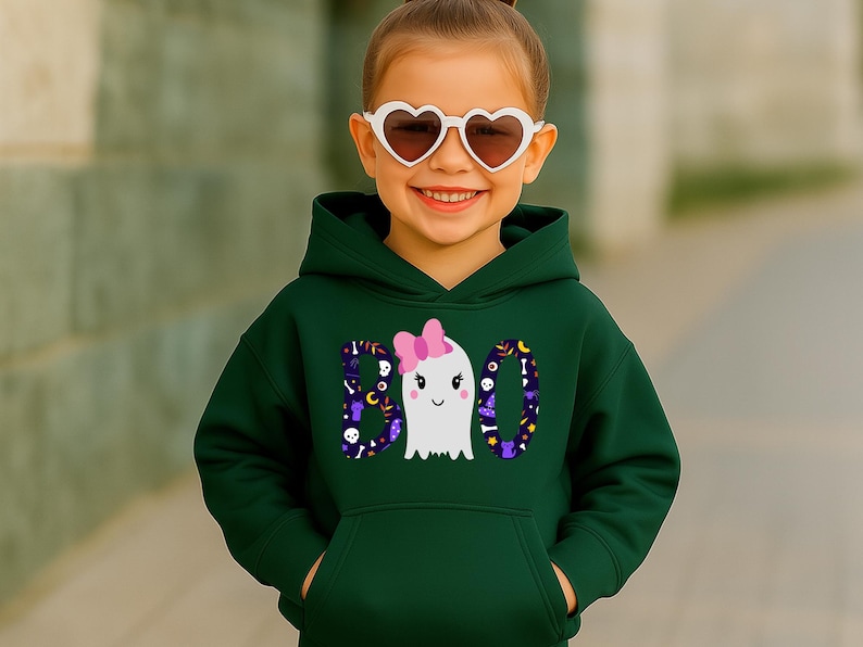 May include: A dark green hooded sweatshirt featuring a graphic print of the word BOO, where the letter O is replaced by a white ghost wearing a pink bow. The letters B and O are filled with a pattern of skulls, moons, and stars.
