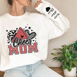 Personalized Faux Glitter Red  Cheer Mom sweatshirt, Custom Team Sweatshirts, Custom Cheer Mom, Sweatshirt with Kids Name on Sleeve