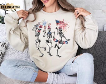 Womens USA Sweatshirt, Patriotic Skeleton 4th of July Crewneck