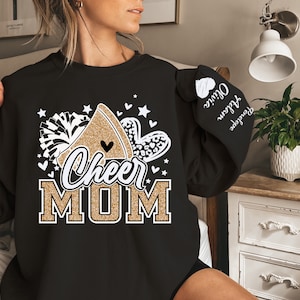 Personalized Faux Glitter Cheer Mom sweatshirt, Custom Team Sweatshirts, Custom Cheer Mom, Sweatshirt with Kids Name on Sleeve