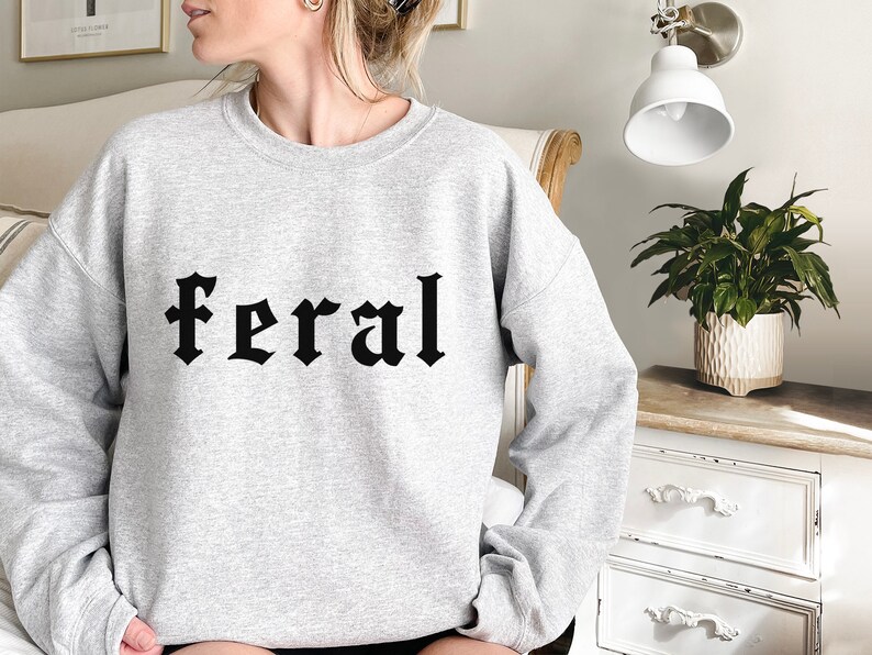 May include: A gray sweatshirt with the word "feral" printed in black gothic lettering.