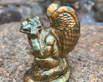 Gild Gargoyle - gold & bluish green gilded finish - Original hand made sculptured art. Made in USA. Materials purchased from small art shops
