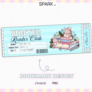Lesezeichen für den Winterleseclub (PNG), Leseticket für ein eingeschneites Buch, Gemütliches Lesezeichen für den Winter zum Ausdrucken