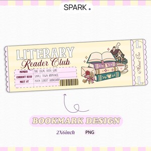 Literarisches Lesezeichen (PNG), Lesezeichen für Buchclub-Tickets, Design für Leseratten aus der Kleinstadt, Druckbare Vorlage für romantische Bücher