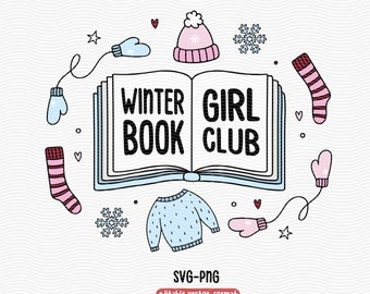 Winter Girl Book Club SVG PNG / Cute Christmas books / Bookish Holiday Season Png sticker / Groovy retro snow sock, hat png / Commercial Use