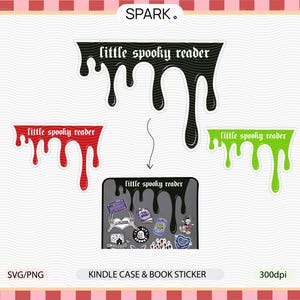 Pode incluir: Um conjunto de autocolantes e um design de capa para Kindle. Os autocolantes apresentam o texto "little spooky reader" numa fonte gotejante, em preto, vermelho e verde. O design da capa Kindle &eacute; preto com v&aacute;rios autocolantes tem&aacute;ticos assustadores.