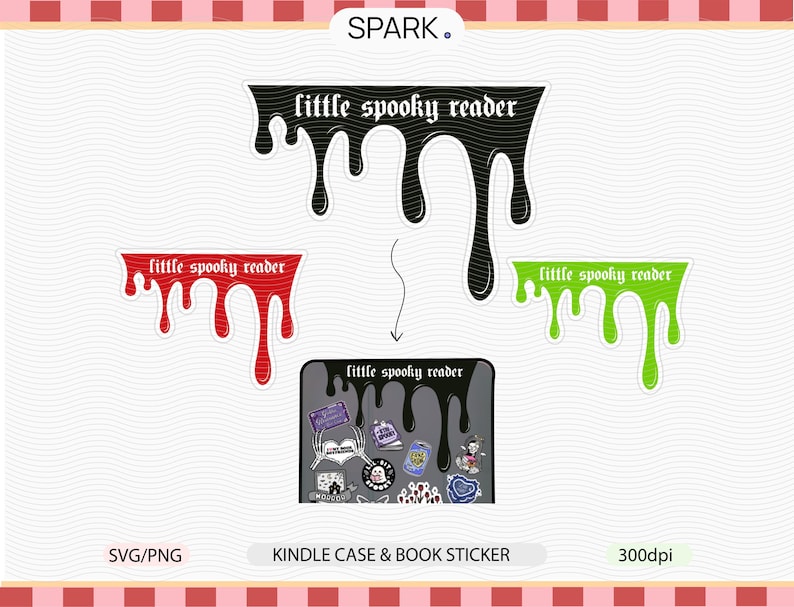 Pode incluir: Um conjunto de autocolantes e um design de capa para Kindle. Os autocolantes apresentam o texto "little spooky reader" numa fonte gotejante, em preto, vermelho e verde. O design da capa Kindle &eacute; preto com v&aacute;rios autocolantes tem&aacute;ticos assustadores.