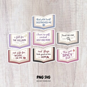 Puede incluir: Un conjunto de pegatinas con forma de libro y frases como "that plot twist DESTROYED ME" y "red flags look good on him". Las pegatinas tienen un estilo de dibujos animados y est&aacute;n dise&ntilde;adas para descarga instant&aacute;nea.