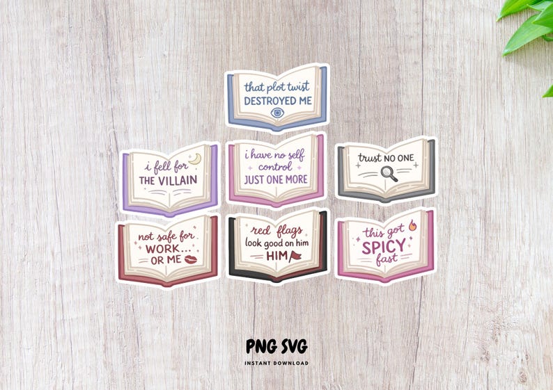 Puede incluir: Un conjunto de pegatinas con forma de libro y frases como "that plot twist DESTROYED ME" y "red flags look good on him". Las pegatinas tienen un estilo de dibujos animados y est&aacute;n dise&ntilde;adas para descarga instant&aacute;nea.