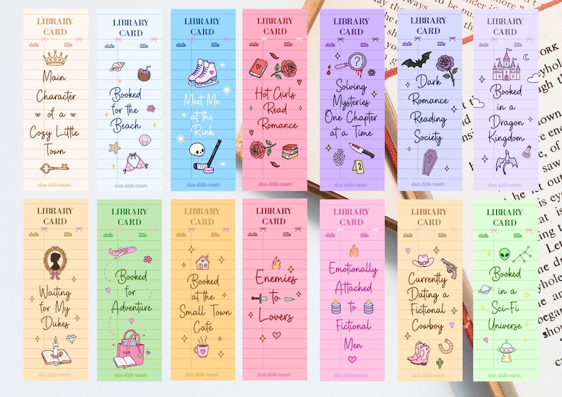 May include: A collection of colorful library card-style bookmarks with various themed illustrations and text. Designs include a crown, ice skates, a castle, and phrases like "Hot Girls Read Romance" and "Booked in a Sci-Fi Universe."