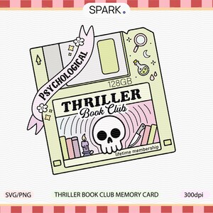 May include: A digital illustration of a floppy disk with the text "THRILLER Book Club" and a skull graphic. A banner reads "PSYCHOLOGICAL". Other graphics include a magnifying glass, a knife, and a candle. The text "lifetime membership" is also present.