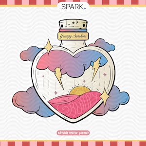 May include: A heart-shaped glass bottle with a cork stopper, filled with a pink and blue liquid. The bottle has a drawing of a stormy sky with lightning bolts and a sun setting over a wave. The text "Grumpy Sunshine" is written on the bottle.