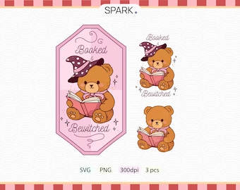 Booked and Bewitched Bookish Bookmark & Sticker Set, Cute Bear Book Lover Gift, Cozy Witch Aesthetic, Printable PNG, Booktok Reader