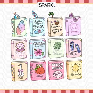 May include: A collection of illustrated books with summer and beach themes. Each book features unique designs, including a seashell, surfboard, palm tree, and floral elements. Titles include "Salty Reader," "Coconut Book," and "Sunshine."