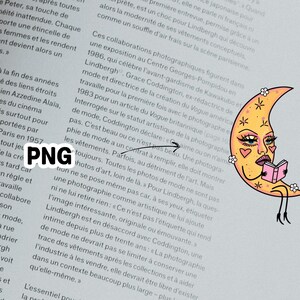 May include: A whimsical illustration of a crescent moon with a face, reading a book. The moon is yellow with pink accents, wearing makeup, and has floral details. The image is set against a backdrop of printed text.