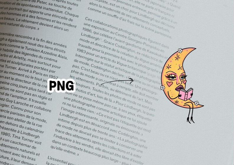 May include: A whimsical illustration of a crescent moon with a face, reading a book. The moon is yellow with pink accents, wearing makeup, and has floral details. The image is set against a backdrop of printed text.