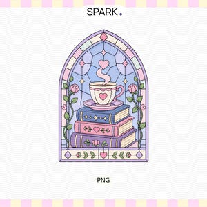 Books & Tea Stained Glass PNG | Cozy Book Nook | Tea Lover Bookish Sticker