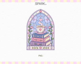 Books & Tea Stained Glass PNG | Cozy Book Nook | Tea Lover Bookish Sticker