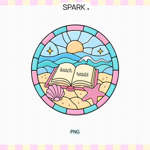 Op de afbeelding: Een cirkelvormig grafisch ontwerp met een glas-in-loodstijl rand in roze en blauw. Het midden toont een strandscène met een gele zon, blauwe oceaangolven en beige zand. Een open boek met de tekst beach reads, een roze schelp en een roze zeester.