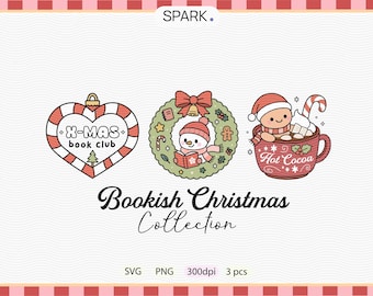 May include: A collection of Christmas-themed illustrations. Includes a heart-shaped ornament with "X-MAS book club" text, a snowman reading in a wreath, and a gingerbread person in a "Hot Cocoa" mug. The words "Bookish Christmas Collection" are also present.