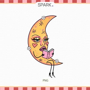May include: Illustration of a crescent moon with a face, reading a pink book. The moon is yellow with pink accents, hearts, and flowers. The word "SPARK" is at the top, and "PNG" is at the bottom.