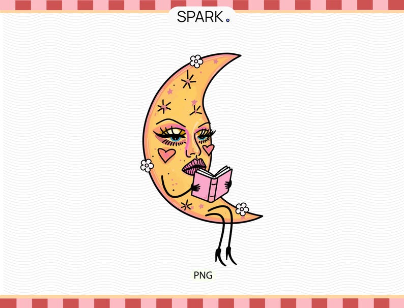 May include: Illustration of a crescent moon with a face, reading a pink book. The moon is yellow with pink accents, hearts, and flowers. The word "SPARK" is at the top, and "PNG" is at the bottom.