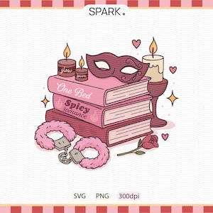 May include: Illustration of a stack of pink books with the titles "One Bed" and "Spicy romance". A masquerade mask, candles, and pink handcuffs are also depicted. The word "SPARK" is at the top.