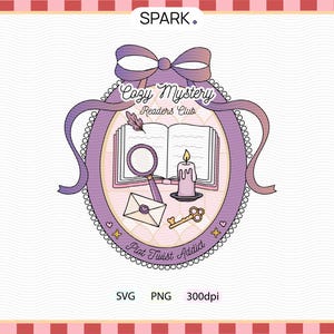 May include: A whimsical illustration featuring a purple bow and an oval frame with the text "Cozy Mystery Readers Club." Inside the frame are a book, magnifying glass, candle, envelope, and key. The words "Plot Twist Addict" are also present.