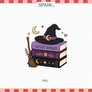 May include: A stack of three books with a black witch hat on top, featuring a broomstick to the side. The top book is light purple with the text WITCHY ROMANCE, the middle is dark purple with floral details, and the bottom is black with moon and star icons.