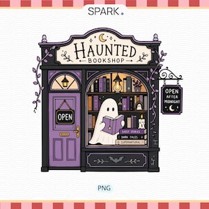 May include: A digital illustration of a storefront labelled HAUNTED BOOKSHOP with a purple door, a hanging OPEN sign, and a ghost reading a book inside. The shop features shelves of books, a lit lantern, and a sign reading OPEN AFTER MIDNIGHT.