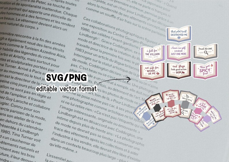 Puede incluir: Una colecci&oacute;n de pegatinas con forma de libro abierto con varias frases en texto negro, como "That plot twist destroyed me" y "I fell for the villain". Las pegatinas tienen un dise&ntilde;o vintage.
