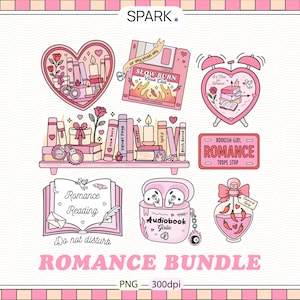 May include: A pink and white romance-themed bundle with various illustrations. Includes a heart-shaped shelf with books and candles, a floppy disk with text, a heart-shaped alarm clock, and a sign that says "Bookish Girl Romance Trope Stop."