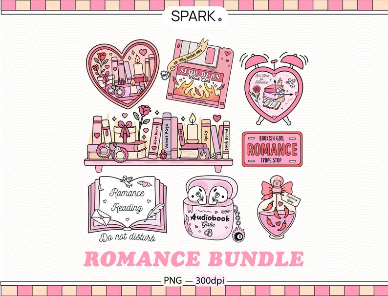 May include: A pink and white romance-themed bundle with various illustrations. Includes a heart-shaped shelf with books and candles, a floppy disk with text, a heart-shaped alarm clock, and a sign that says "Bookish Girl Romance Trope Stop."