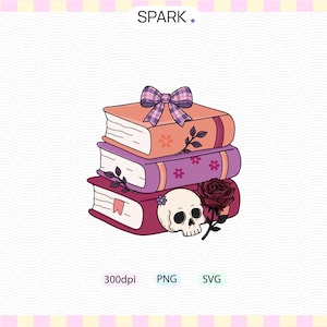 Puede incluir: Una pila de tres libros con un lazo a cuadros en la parte superior, que incluye un cráneo humano y una rosa roja oscura apoyada contra el libro inferior. Los libros son de tonos melocotón, morado y rojo oscuro, con detalles florales y el texto SPARK.